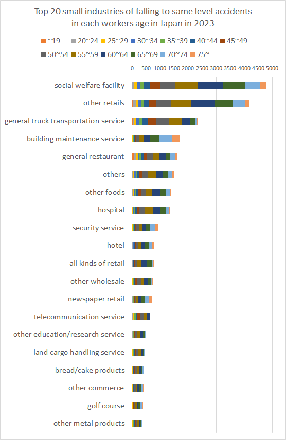 Top 20 small industries of falling to same level accidents in each workers age in Japan in 2023
