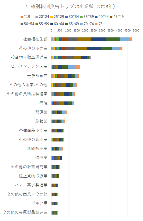 年齢別転倒災害トップ20小業種（2023年）