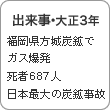 出来事・大正3年　福岡県方城炭鉱でガス爆発　死者687人　日本最大の炭鉱事故