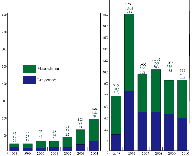 Fig.5 Change in number of decided cases of workers' accident compensation insurance benefits for lung cancer and mesothelioma caused by asbestos (1998-2009)