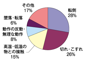 転倒28％ 切れ・こすれ26％ 高温・低温の物との接触15% 動作の反動・無理な動作8％ 墜落・転倒6％ その他17％